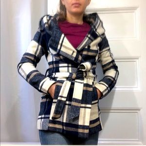 Blue and Cream Plaid Pea Coat Mossimo XS